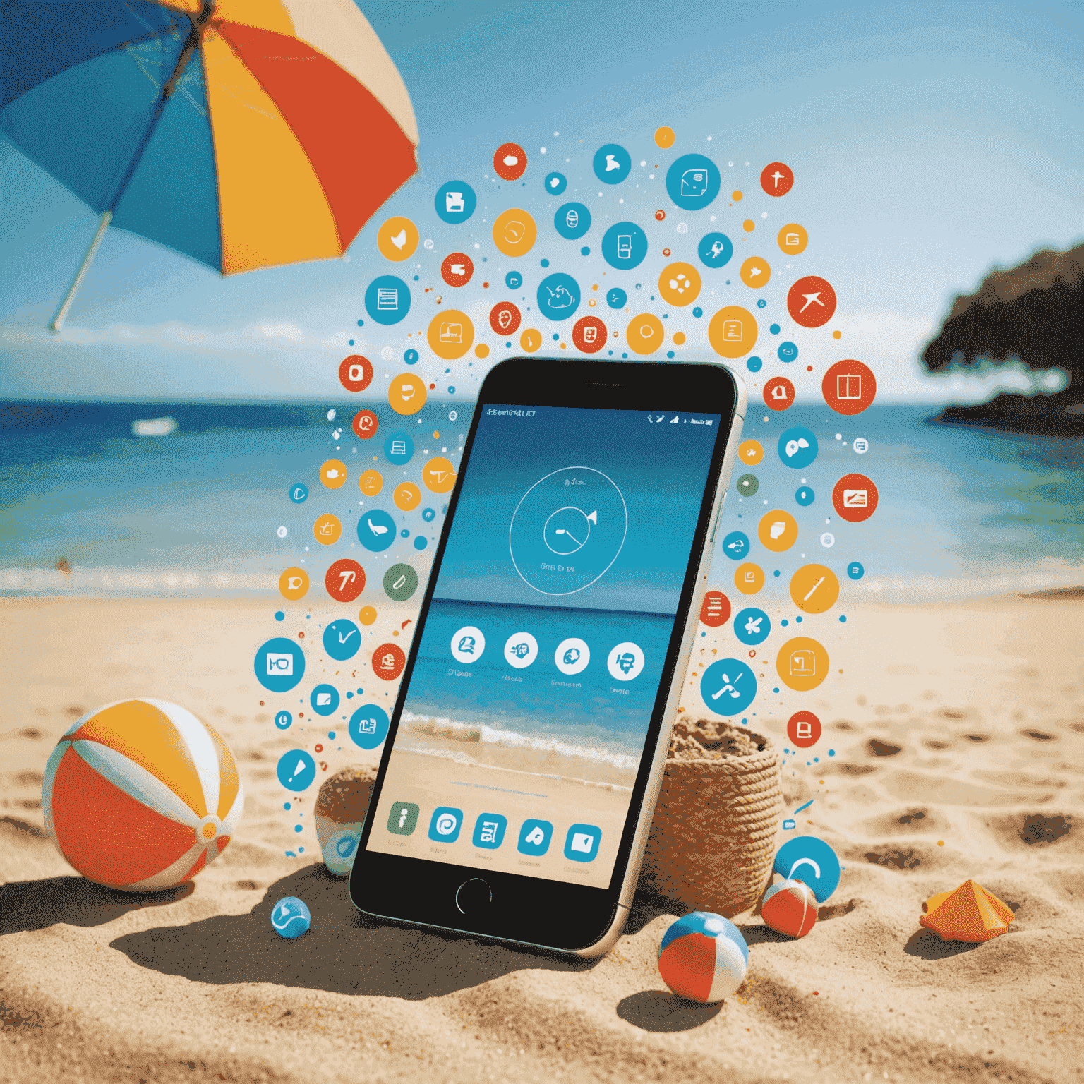 Imagen de verano mostrando un teléfono móvil en la playa con iconos de datos flotando alrededor, representando la promoción de doble de datos