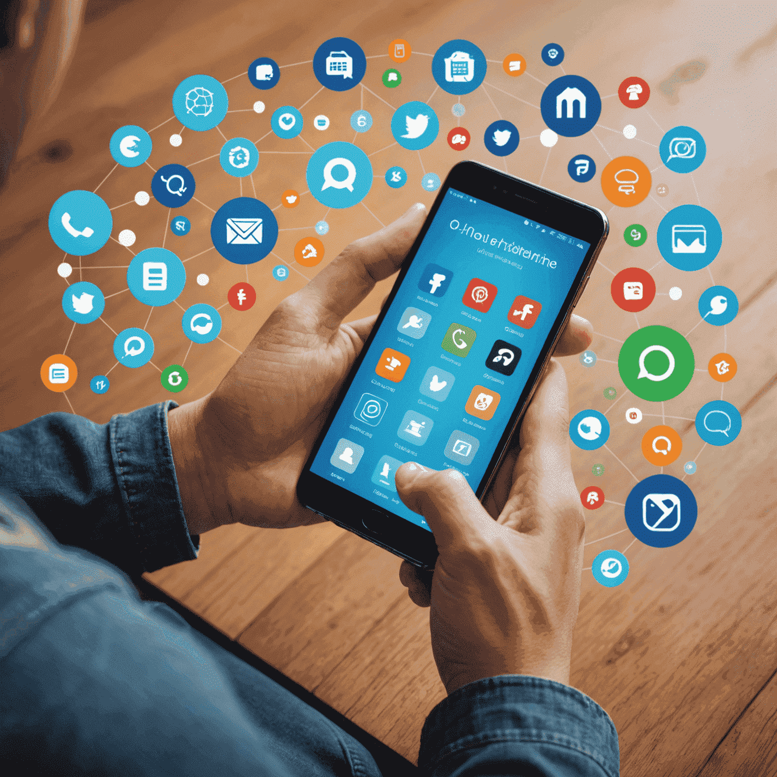 Persona utilizando su teléfono móvil para navegar por Internet, rodeada de iconos que representan diferentes aplicaciones y servicios en línea