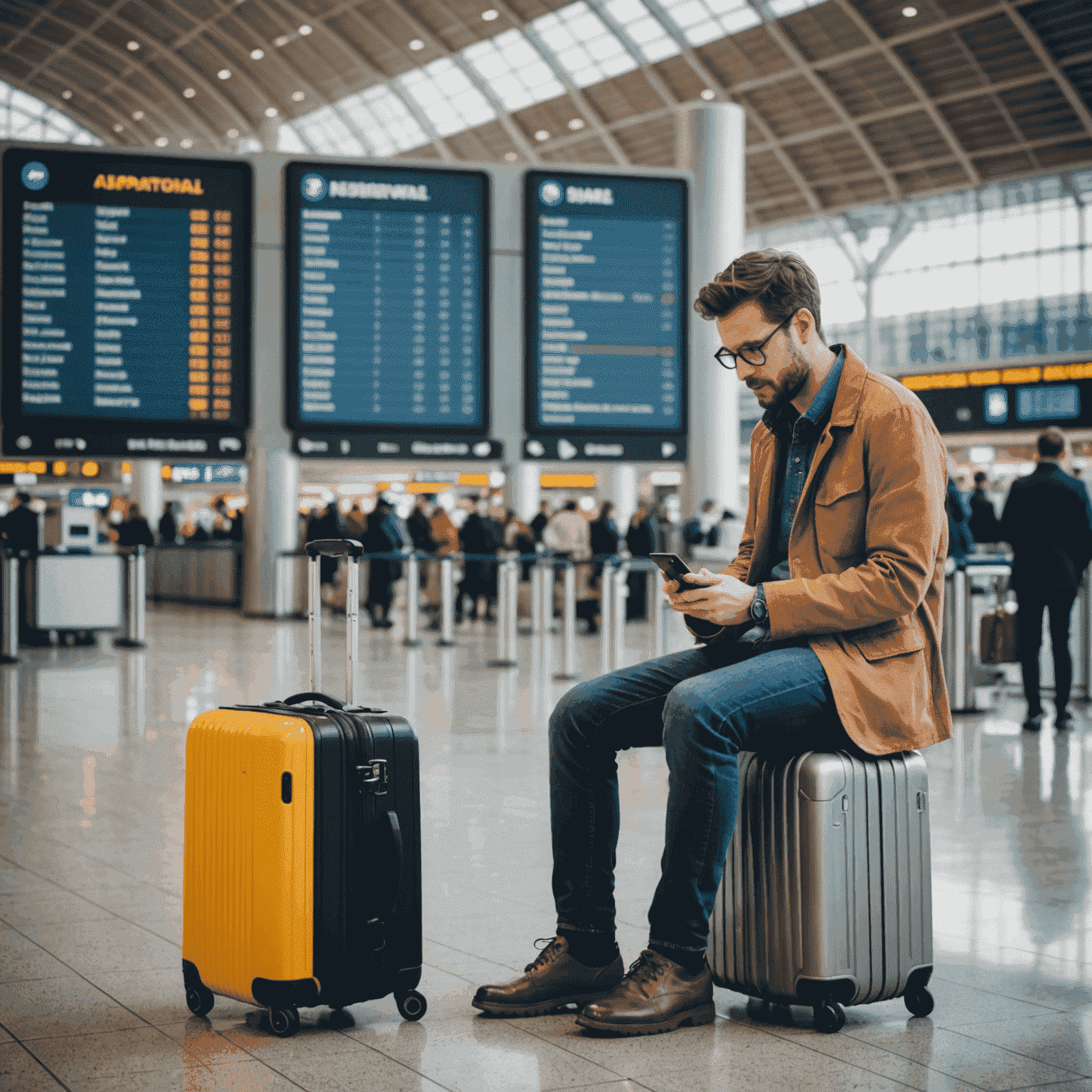 Persona utilizando su teléfono móvil en un aeropuerto internacional, rodeada de maletas y pantallas de información de vuelos