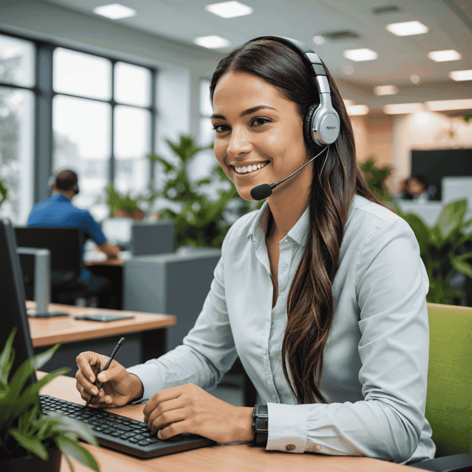 Representante de atención al cliente de Amigo Telcel sonriendo y usando auriculares mientras atiende una llamada. El fondo muestra un ambiente de oficina moderno y ecológico con plantas y luz natural.