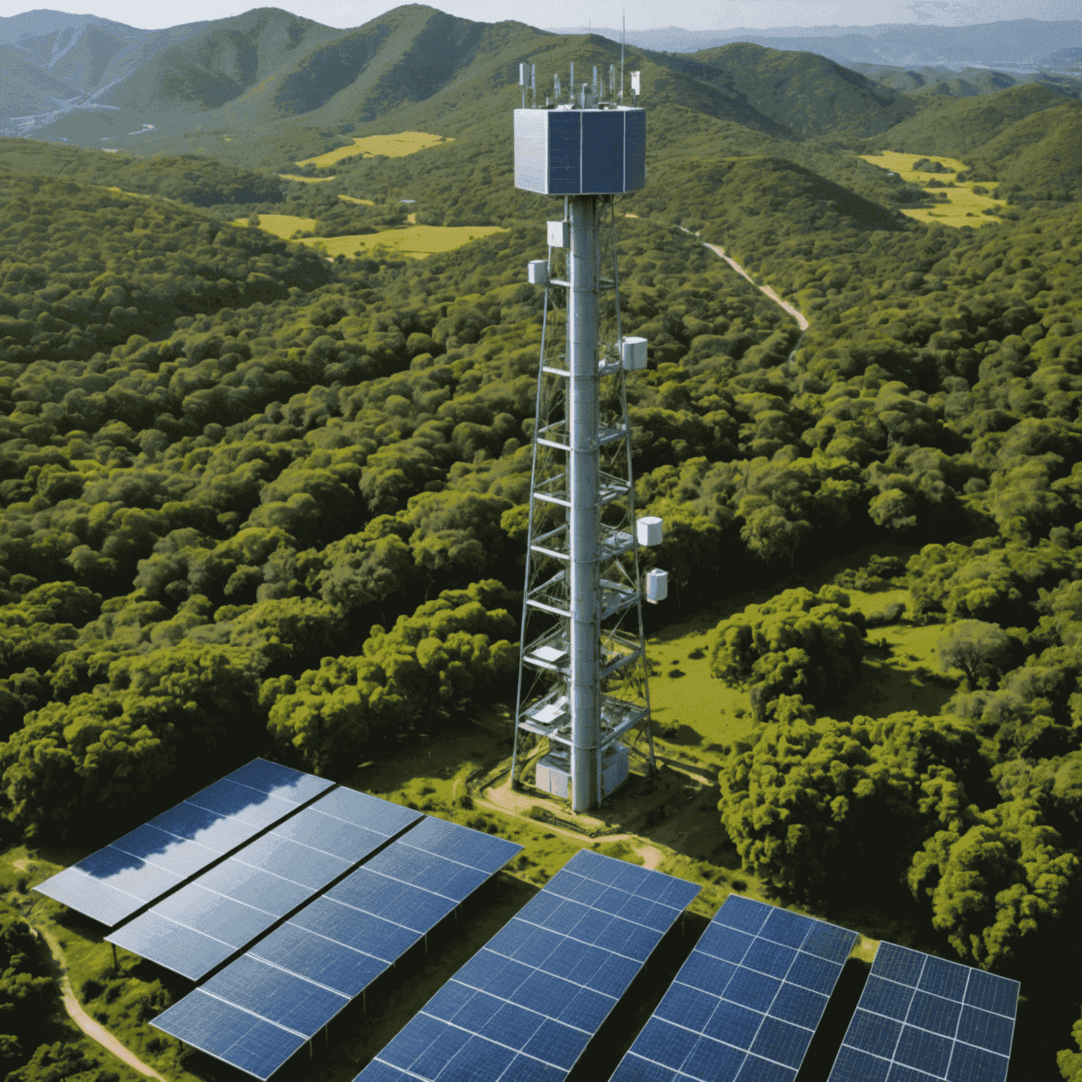 Imagen que ilustra el compromiso de Amigo Telcel con la sostenibilidad, mostrando paneles solares en una torre de telecomunicaciones rodeada de vegetación