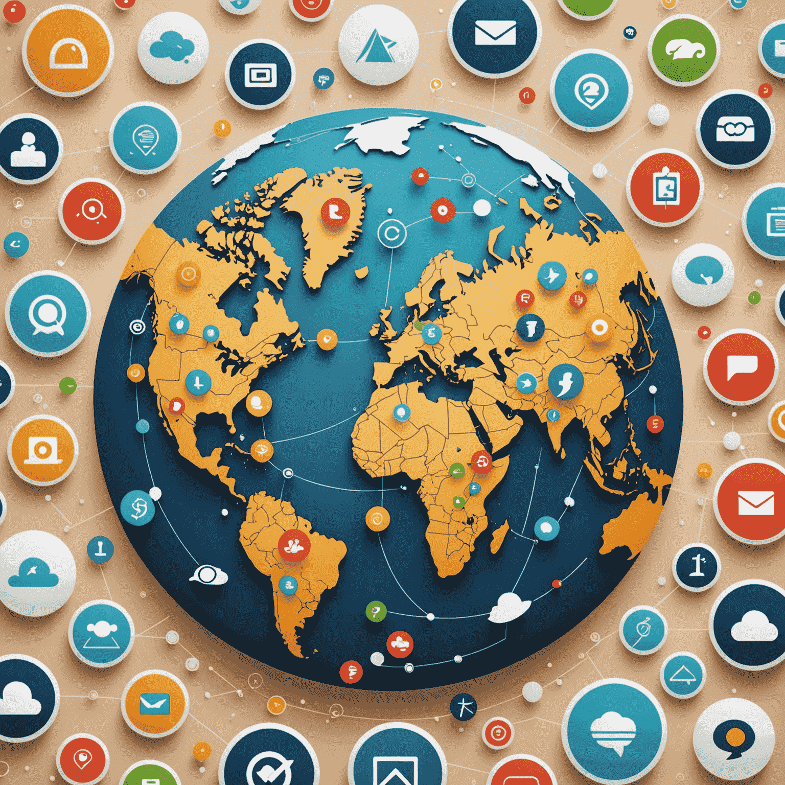 Collage de iconos representando diferentes servicios de comunicación: llamadas, mensajes, internet, sobre un mapa mundial estilizado