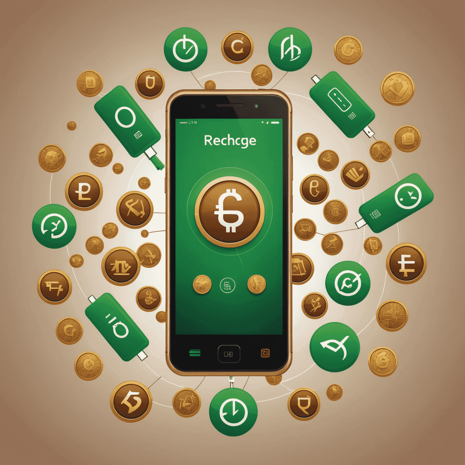 Ilustración de un teléfono móvil con símbolos de recarga y monedas, utilizando colores verdes y marrones para enfatizar la sostenibilidad