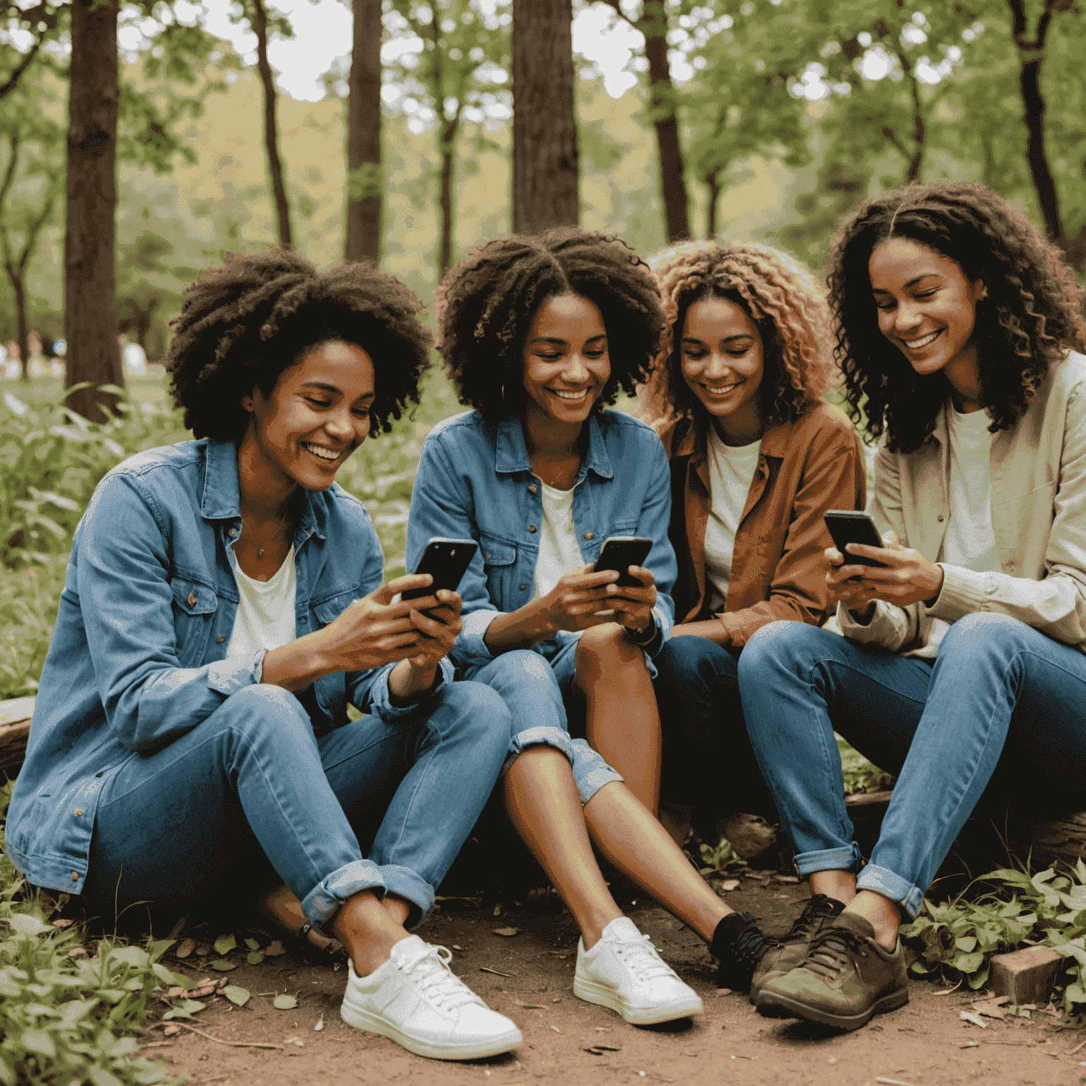 Grupo diverso de amigos sonrientes usando sus teléfonos móviles en un entorno al aire libre, rodeados de naturaleza, simbolizando la conexión y la sostenibilidad