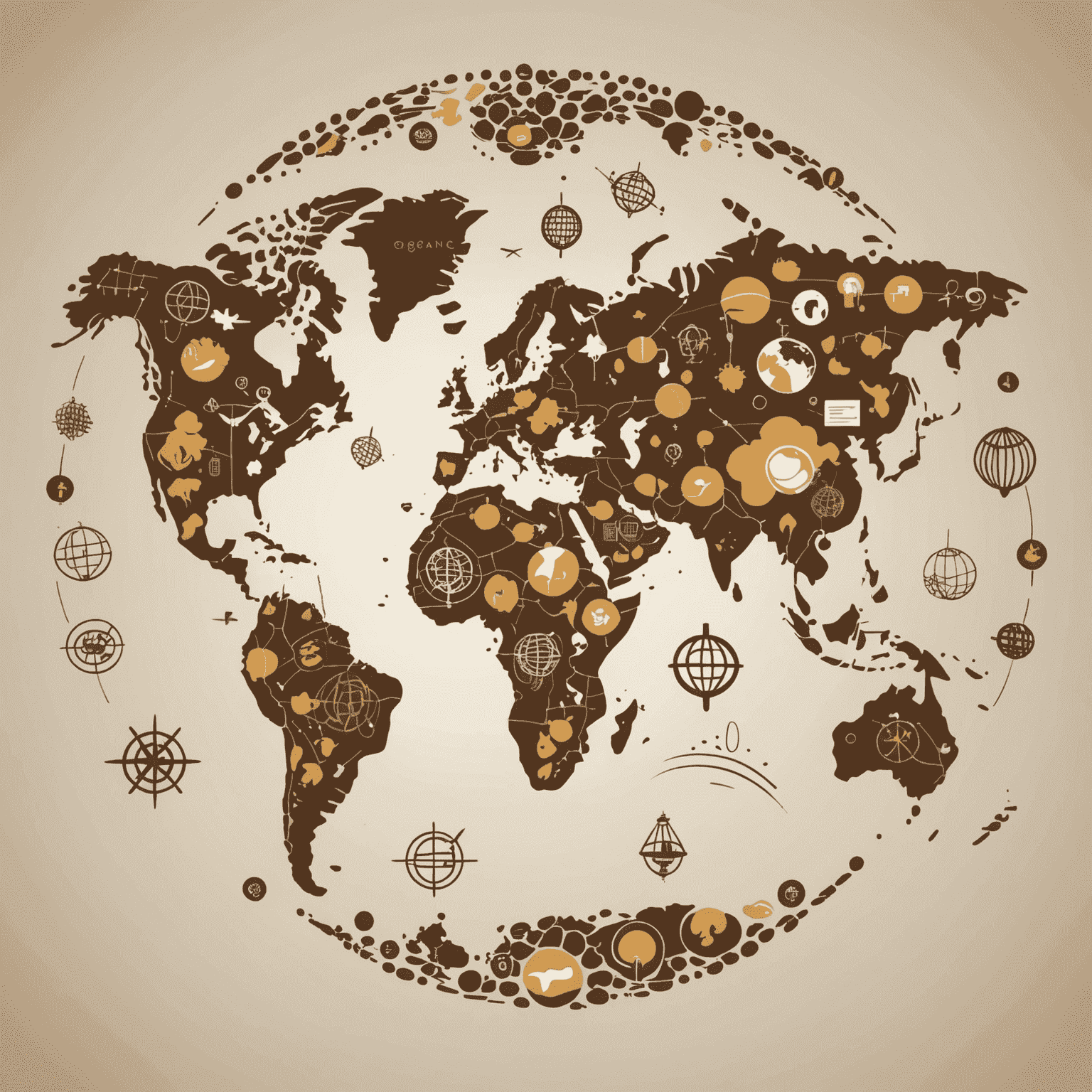 Mapa mundial estilizado con iconos de comunicación global, utilizando formas orgánicas y colores tierra para representar la conectividad internacional sostenible